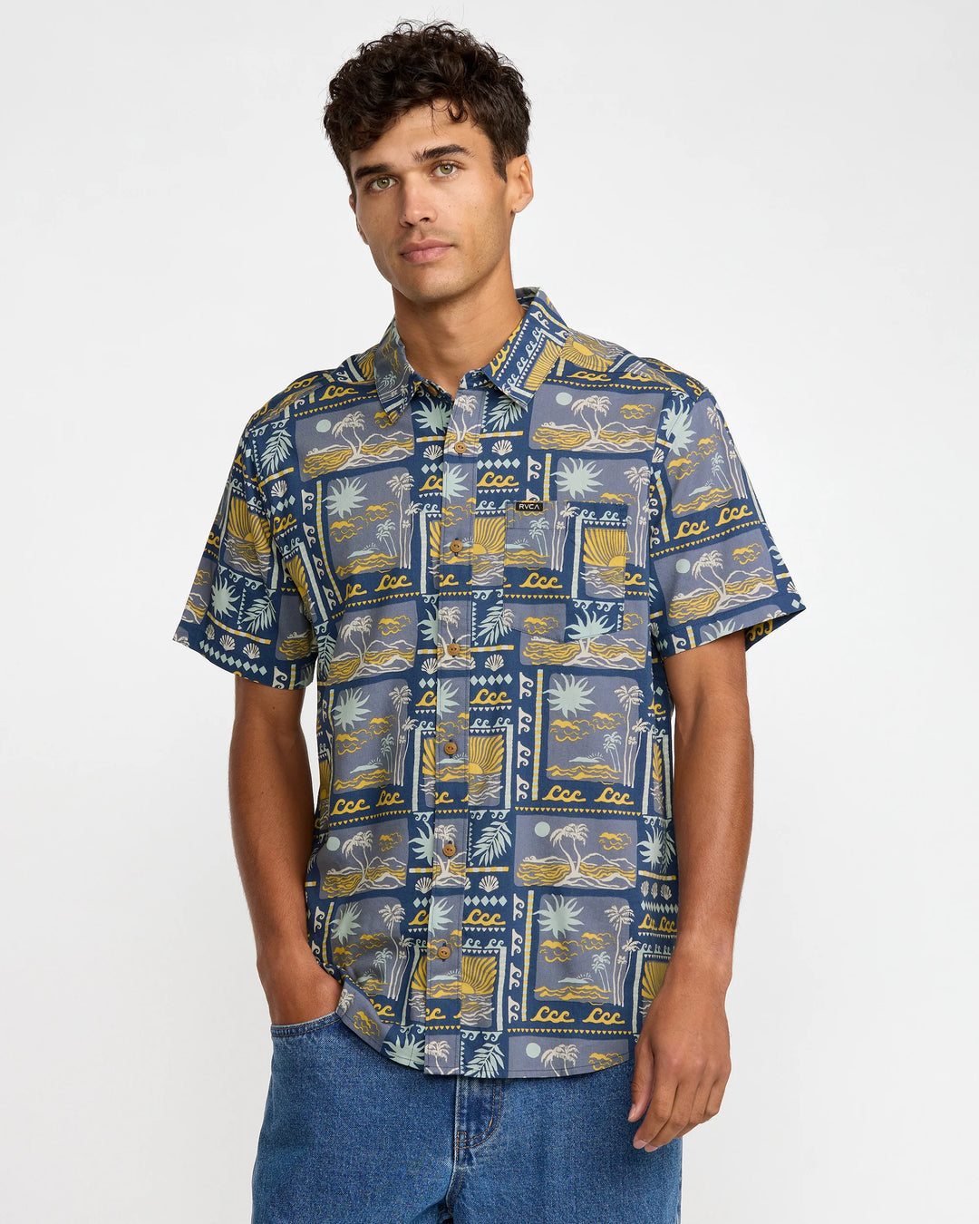 RVCA HAWAII SUNSET BUTTON DOWN SHIRT - DARK DENIM BLUE