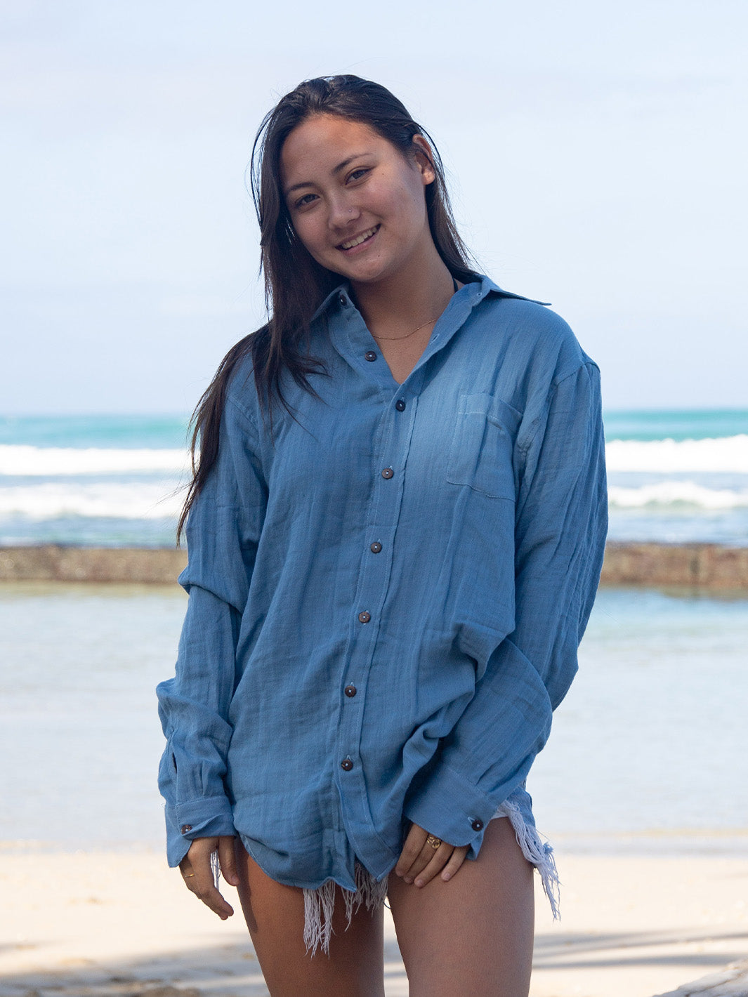 HIC BOYFRIEND LONG SLEEVE WOMEN'S BUTTON UP TOP - BLUE