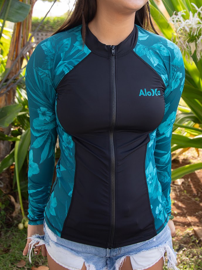 HURLEY HANA ALOHA ZIP FRONT RASHGUARD - BLUE