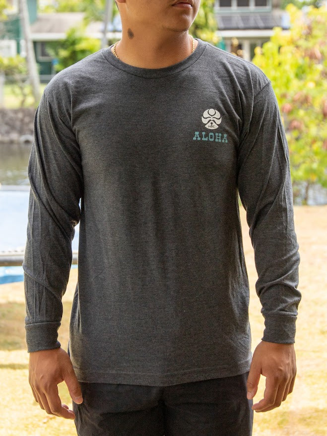 HIC ALOHA MAHALO SQUARE LONG SLEEVE TEE - HEATHER CHARCOAL
