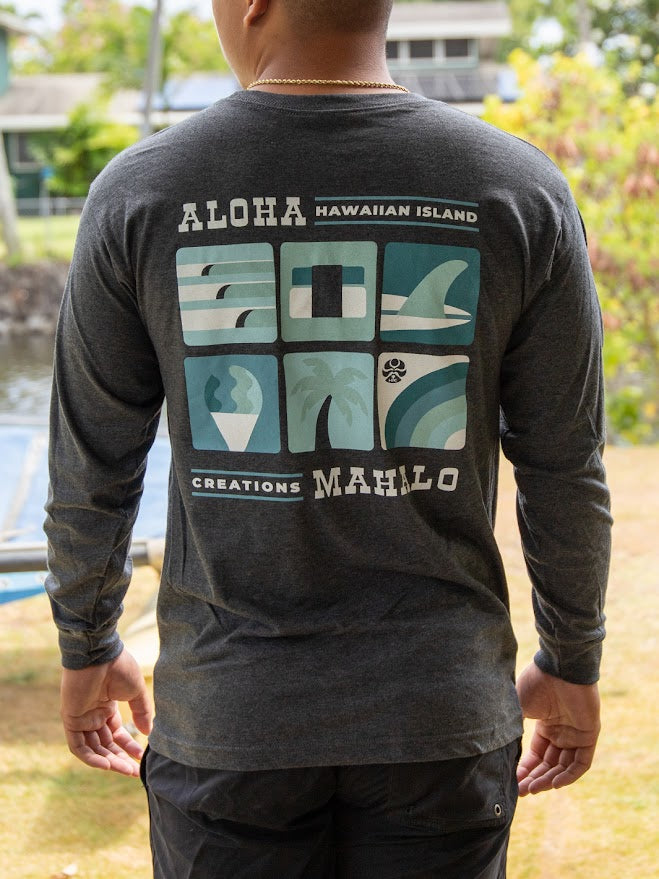HIC ALOHA MAHALO SQUARE LONG SLEEVE TEE - HEATHER CHARCOAL
