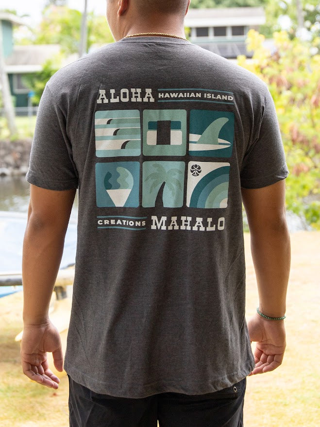 HIC ALOHA MAHALO SQUARE TEE - HEATHER CHARCOAL