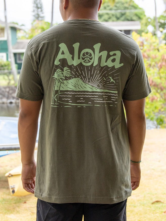 HIC ALOHA DIAMOND HEAD SUNRISE TEE - MILITARY GREEN