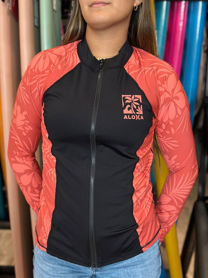 HURLEY HIDDEN TROPICAL LONG SLEEVE ZIP UP RASHGUARD - PINK