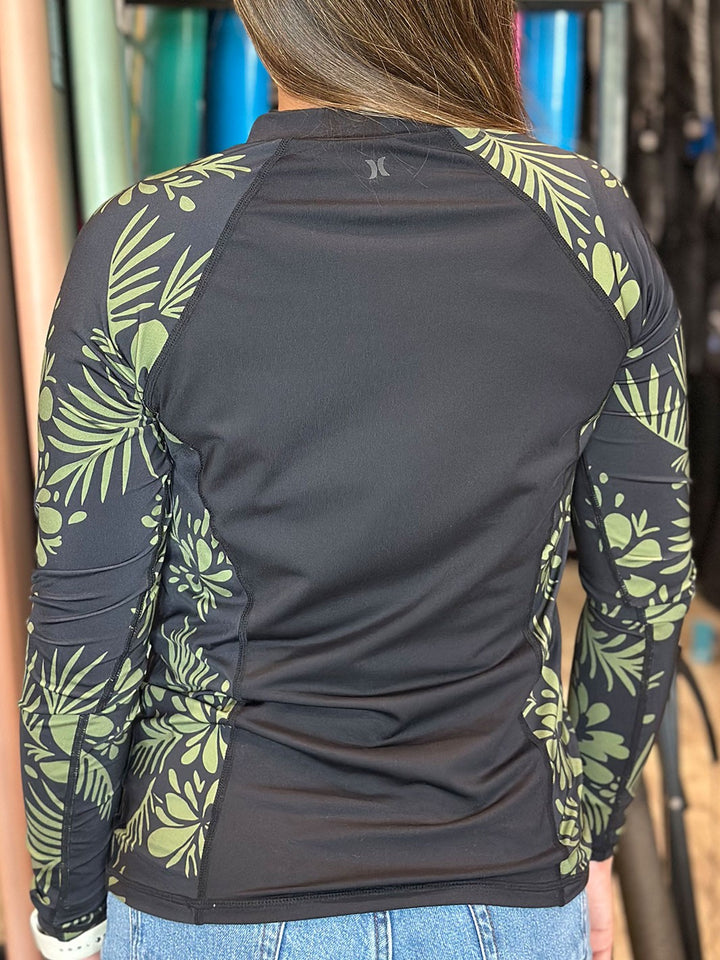 HURLEY HIDDEN TROPICAL MOCK NECK LONG SLEEVE ZIP UP RASHGUARD - GREEN
