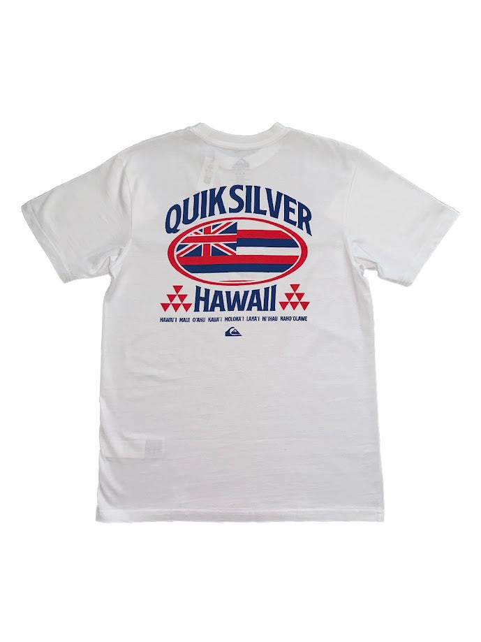 white quiksilver t-shirt with hawaiian flag