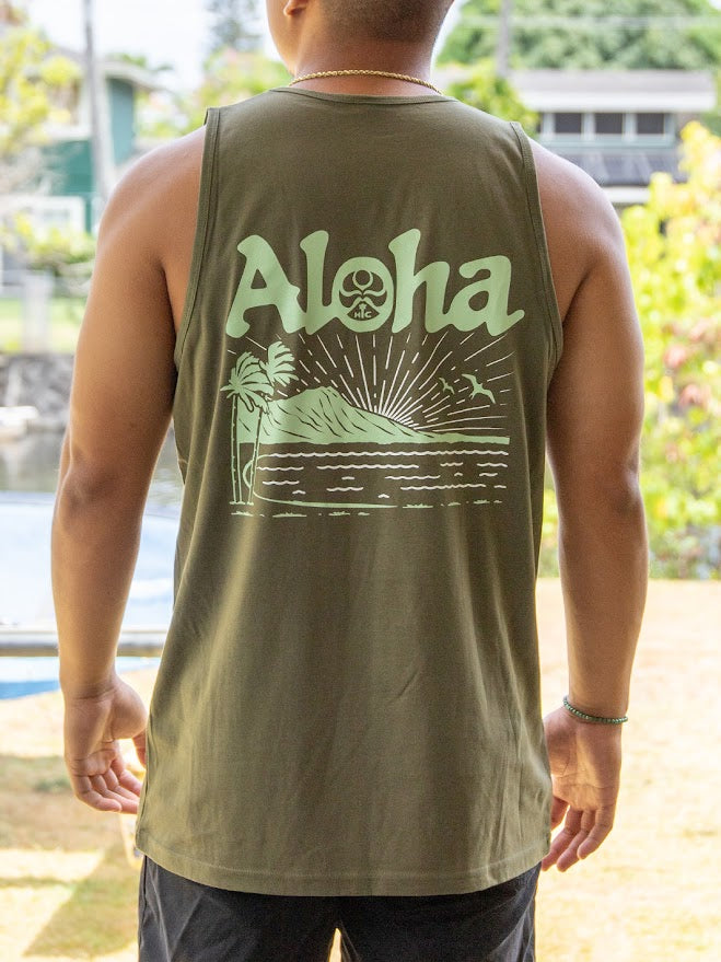 HIC ALOHA DIAMOND HEAD SUNRISE TANK - MILITARY GREEN