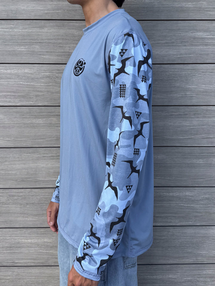HIC EWA IWA BIRD LONG SLEEVE SURF SHIRT - LIGHT BLUE/GREY CAMO