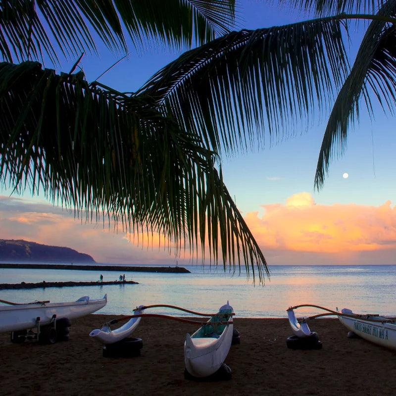 Outrigger canoes at sunrise on Oahu‘s North Shore