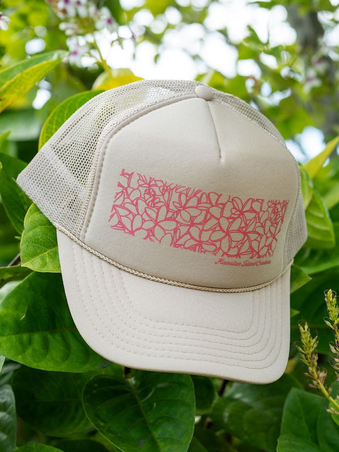 HIC PINK PLUMERIA TRUCKER HAT - KHAKI