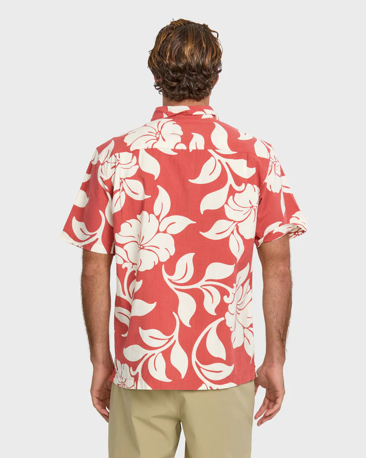 QUIKSILVER WATERMAN ALL TIME PAREO BUTTON DOWN WOVEN SHIRT - RED CLAY