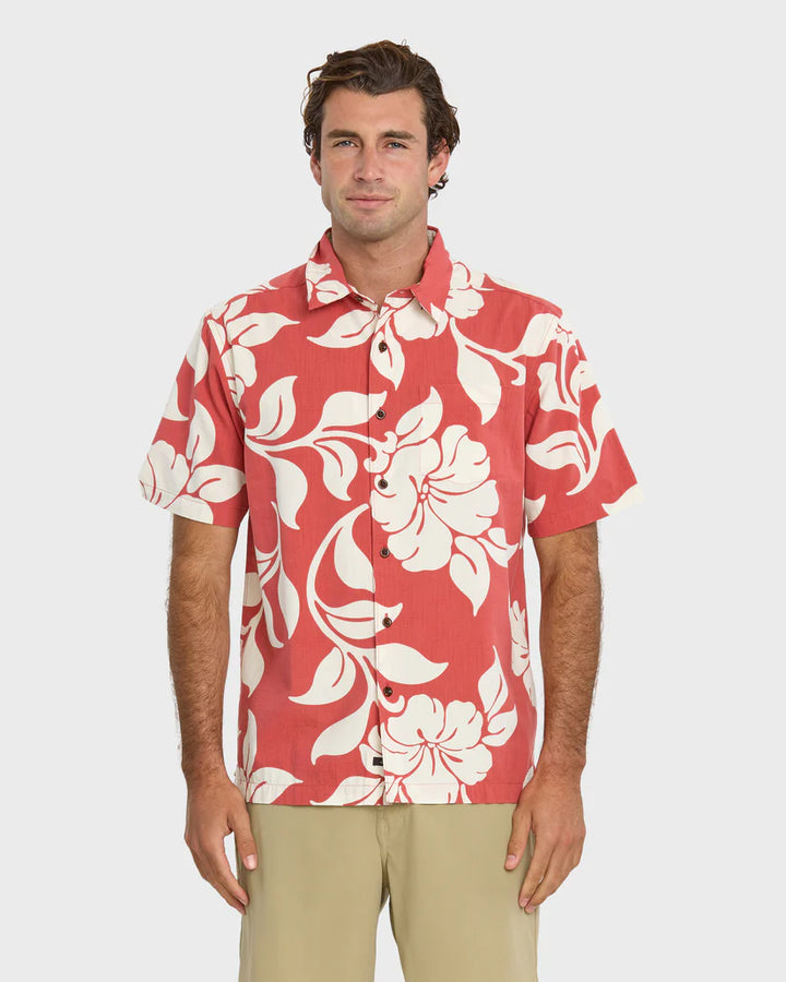 QUIKSILVER WATERMAN ALL TIME PAREO BUTTON DOWN WOVEN SHIRT - RED CLAY