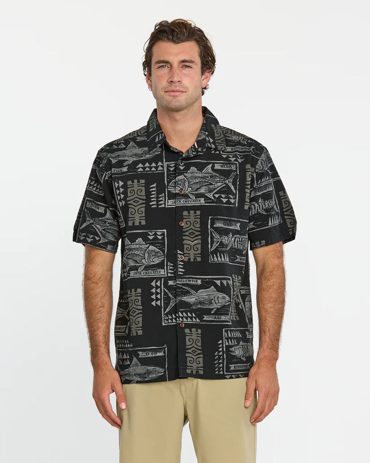 QUIKSILVER WATERMAN BLOCK FISH BUTTON WOVEN SHIRT - BLACK