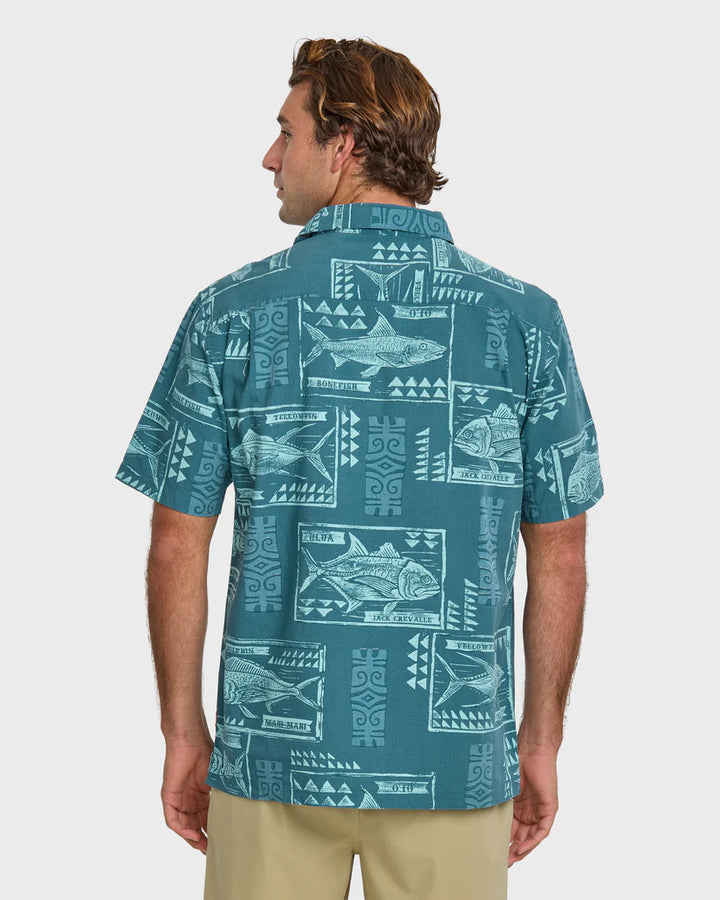 QUIKSILVER WATERMAN BLOCK FISH BUTTON WOVEN SHIRT - INDIGO STRIPE