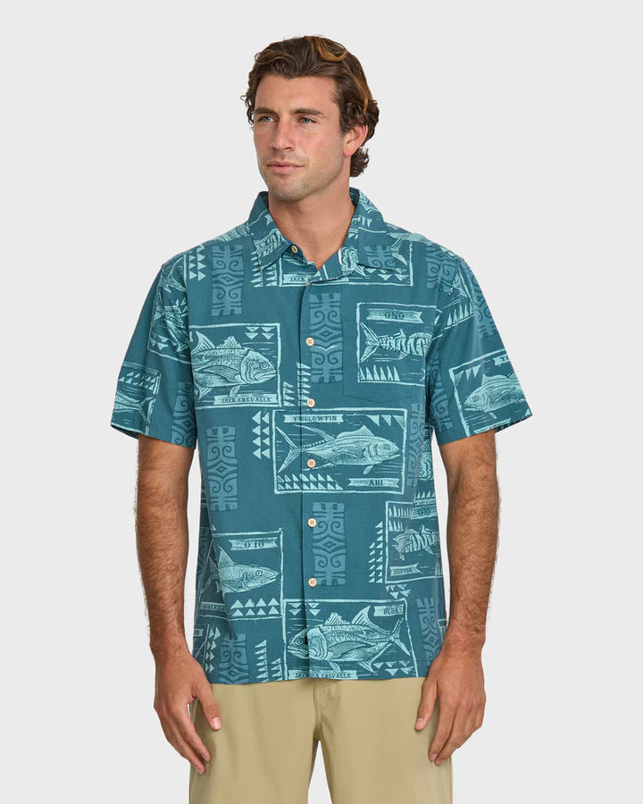 QUIKSILVER WATERMAN BLOCK FISH BUTTON WOVEN SHIRT - INDIGO STRIPE