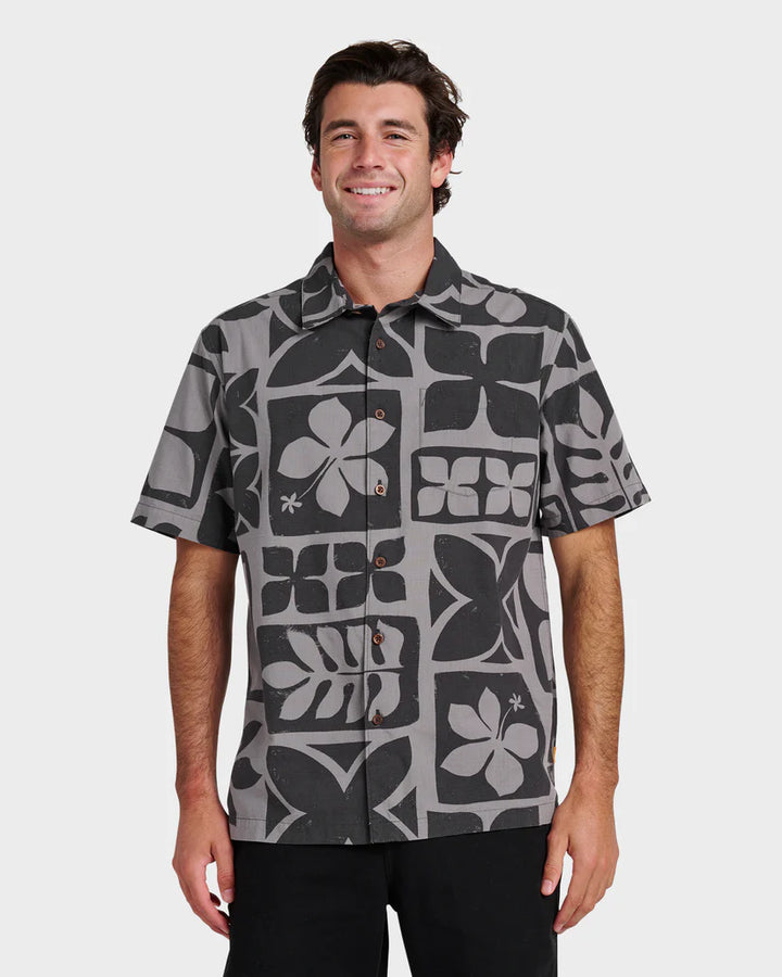 QUIKSILVER WATERMAN TIKI ISLAND BUTTON DOWN WOVEN SHIRT - PHANTOM (PHT)
