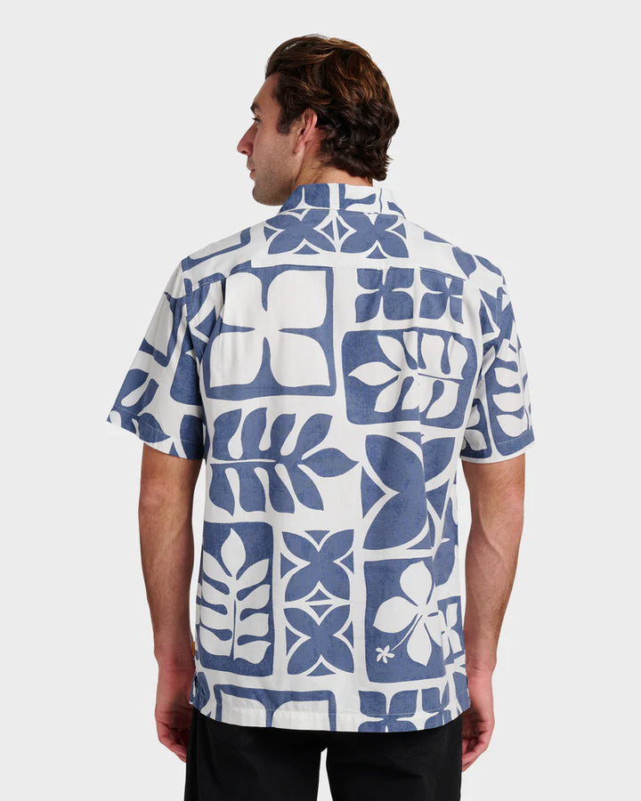 QUIKSILVER WATERMAN TIKI ISLAND BUTTON DOWN WOVEN SHIRT - BLUE (SNA0)