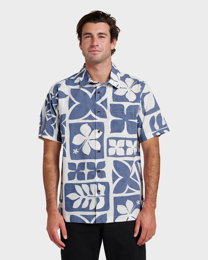 QUIKSILVER WATERMAN TIKI ISLAND BUTTON DOWN WOVEN SHIRT - BLUE (SNA0)