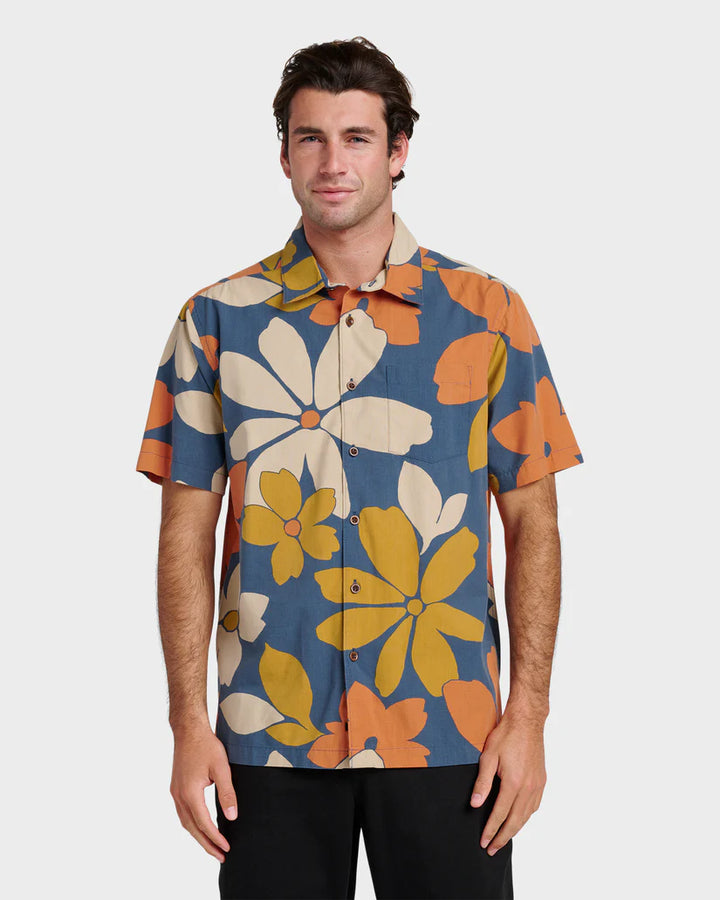 QUIKSILVER WATERMAN FLOWER POWER BUTTON DOWN WOVEN SHIRT - BLUE (BSG7)