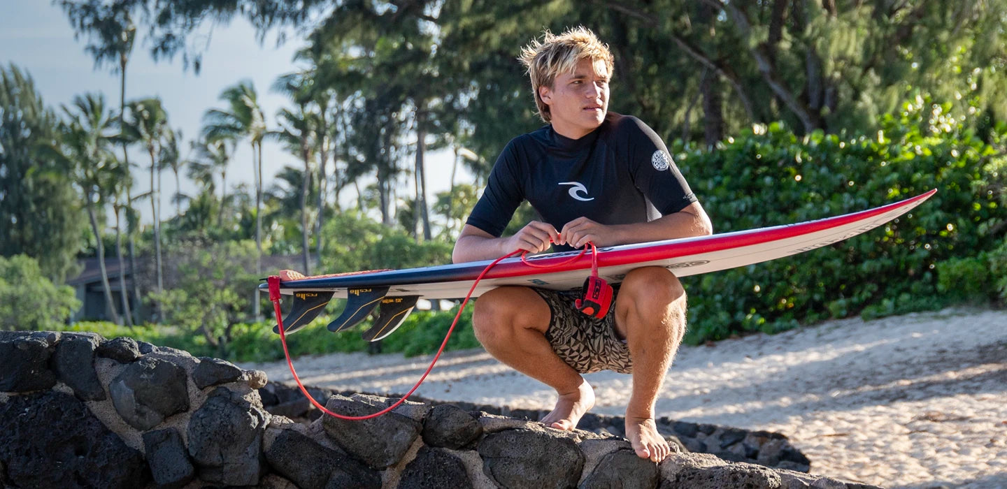 Person holding a surfboard with palm trees in the background