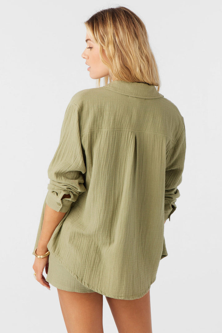 O'NEILL LENI LONG SLEEVE BUTTON DOWN WOMENS SHIRT- OIL GREEN